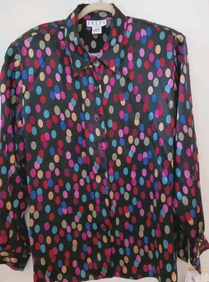 Camisa Erena 18W 50" 100% Seda Negra con Lunares de Colores Brillantes Blusa Almohadillas para el Hombro Foto 1 de 4