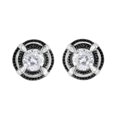 Real Diamond Round Black Rhodium Plated Double Halo 4-Prong Stud Earrings - Image 1 of 2