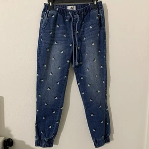 Disney Damen Denim Jeans M blau Allover Mickey Print Gummibund Bündchen  - Bild 1 von 5