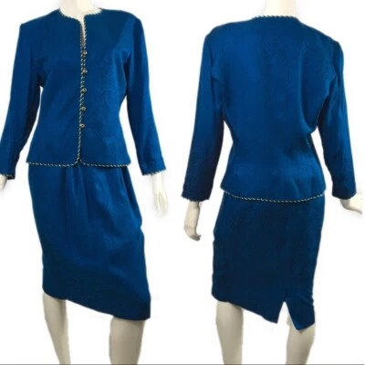 Vintage 80's Skirt Suit Teal size 6 Papell Too Silk Gold Trim 2 Piece Set - Image 1 of 4