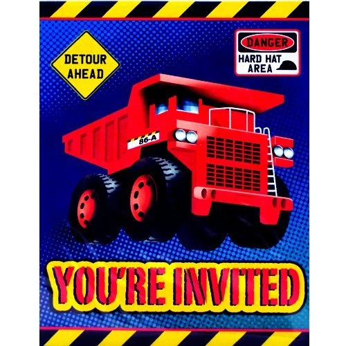 Construction Birthday Party Invitations, Dump Truck Birthday Party Invites 8pk - Image 1 of 2