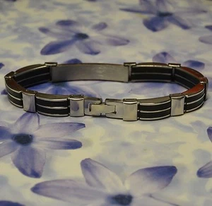 Dolly-Bijoux Bracelet semi-rigide Acier Polie et Caoutchouc Noir 20 cm - Picture 1 of 5