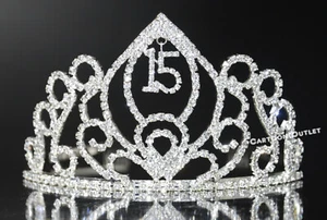 QUINCEANERA TIARA HEADBAND RHINESTONES  TALL MIS 15 CORONA SILVER  #4845 - Picture 1 of 4
