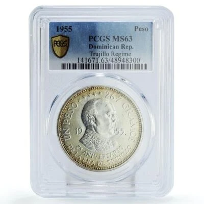 Moneda de plata República Dominicana 1 peso era Trujillo régimen MS63 PCGS 1955 Foto 1 de 2