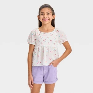 Girls' Short Sleeve Hearts Woven Top - Cat & Jack™ Cream M - Picture 1 of 1