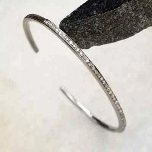 Natural Pave Diamond 925 Sterling Silver Stackable Minimalist Open Cuff Bangle - Picture 1 of 7