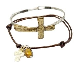 Religious Cross Bracelet Set Brown Gold Silver - Picture 1 of 8