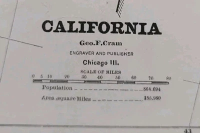 Mapa de colección 1883 CALIFORNIA 21"x13" antiguo original SACRAMENTO CITY CA Foto 1 de 4
