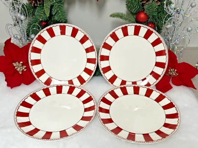 Juego ~ 4 Platos de Cena Grace Teaware 11" Rojo/Blanco Menta Rayas Navidad NUEVO Foto 1 de 4