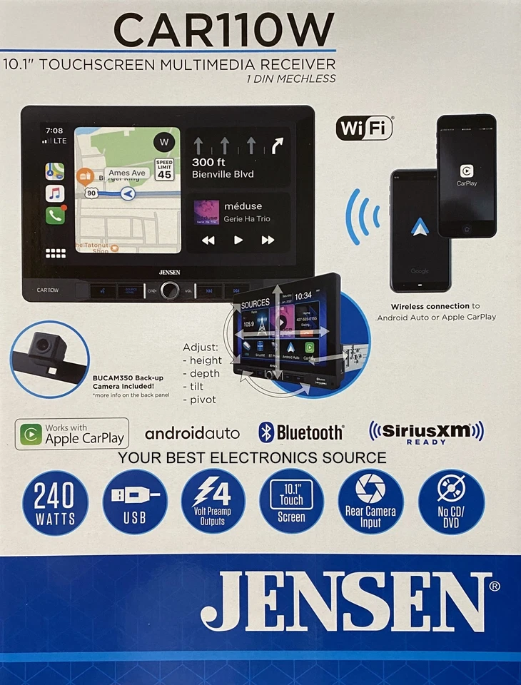 NEW Jensen CAR110W 1-DIN Digital Media Car Stereo w/ 10.1" Touchscreen, CarPlay - Image 1 of 4