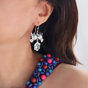 925 Sterling Silver Flower Earrings Lovebird and Daisy Dangling Taxco Drops - Picture 1 of 5