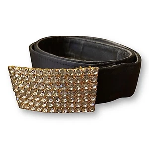 Vintage Gold Rhinestone Buckle w/ Black Satin Evening Belt Disco 70s Club Party - Picture 1 of 21