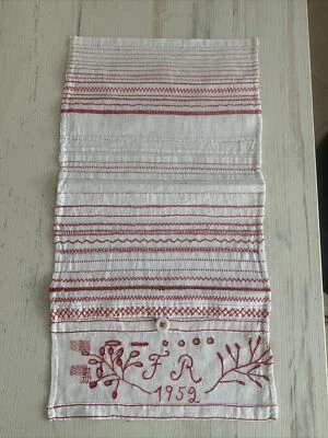 ancien abécédaire art populaire alsace Monogrammé Daté Cache Serviette XIX Eme - Photo 1/4