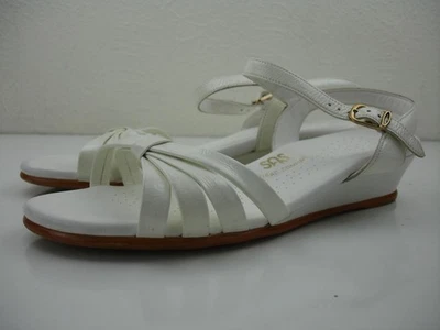 Women's 8 W Wide SAS Strippy White Patent Leather Sandals Wedge Ankle Strap USA - Image 1 of 4