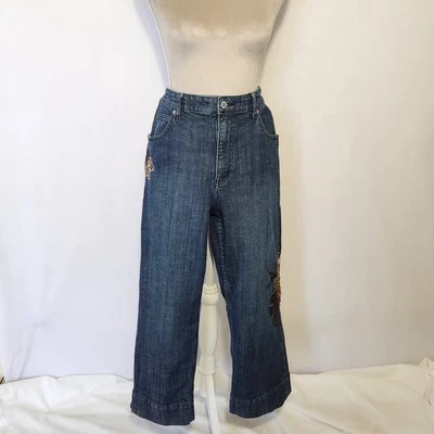 Chico’s Platinum Size 2/12 Blue Floral Embroidered Cropped Five Pocket Jeans - Image 1 of 4
