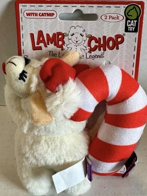 Multipet Lamb Chop Santa Hat Crinkle Candy Cane Catnip Plush Cat Toy 2 Pack - Image 1 of 3
