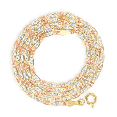 10K Solid Tri-Color Yellow Rose White Gold 2mm Valentino Chain Necklace 16"- 26" - Image 1 of 4