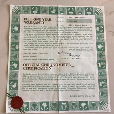 Certificado de garantía Rolex vintage serie U 1998 Foto 1 de 4