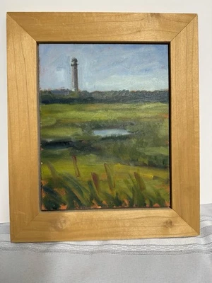 Original Oil Painting Landscape Marsh Lighthouse Wood Panel Framed 13x11 - Image 1 of 4