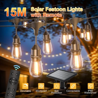 Remote 15M Solar LED String Lights Festoon Outdoor Garden Wedding Party IP65 - image 1 of 4