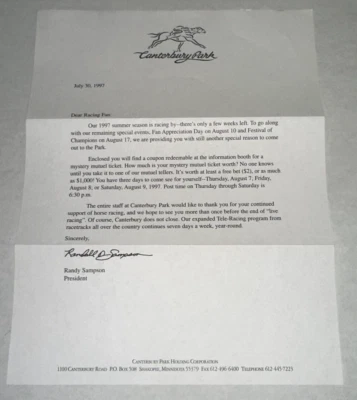 Bolso de Apuestas Canterbury Park Downs Fan Appreciation + Carta Postal 30/07/1997 Foto 1 de 4