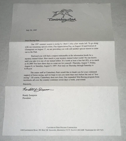 7/30/97 Canterbury Park Downs Fan Appreciation Betting Tote + Post Card + Letter Cover