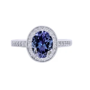 2.3 Ct Oval Cut Tanzanite & Simulated Diamond 14k White Gold Plated Halo Ring - Picture 1 of 2
