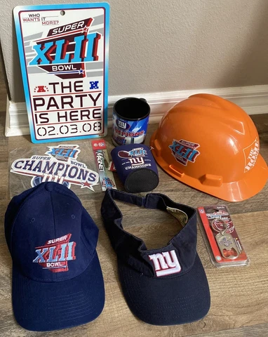 8 NY GIANTS SUPER BOWL XLII HARD HAT MUG CAP BOTTLE OPENER KOLDER VISOR SIGN LOT Cover