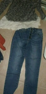 CELLO Jeans Button Fly Skinny Flare High Rise Frayed Hem sz1 + Bu Pepper sweater - Picture 1 of 3