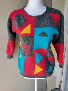 Petite Sophisticate Sweater Womens PL Gray Blue Red Lambswool Angora VTG 90s Y2K - Picture 1 of 13