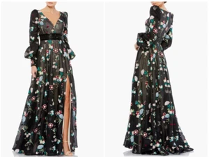 MAC DUGGAL 79361 BESTICKT BISCHOFSÄRMEL V-AUSSCHNITT FLIESSEND SCHWARZ BLUMEN KLEID 10 - Bild 1 von 5