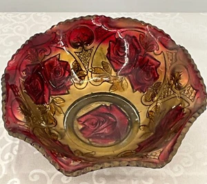 Viktorianische Goofus Vintage roségemusterte rot & gold Glasschale ca. 9"x3 - Bild 1 von 7
