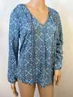 NWT Lucky Brand Womens S Peasant Top Blouse Boho Blue Long Sleeve Geometric S/P