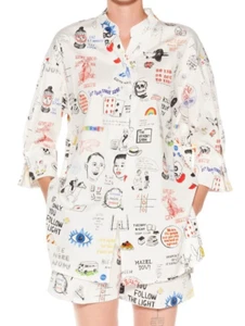 LIBERTINE Cotton Button Up Blouse XS White Muticolor Graphic Drawings 3/4 Sleeve - Picture 1 of 11