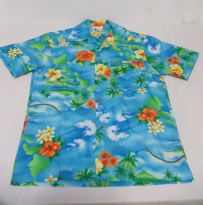 Camisa Hawaiana De Colección Hecha en Hawaii con Islas Hawaianas Azul Océano Floral Pequeña  Foto 1 de 4