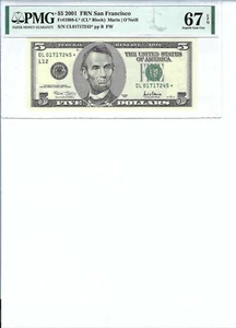 2001 $5 FRN FR1988-L* PMG 67 EPQ, San Francisco * Note S/N L01717245*!!! - Picture 1 of 2