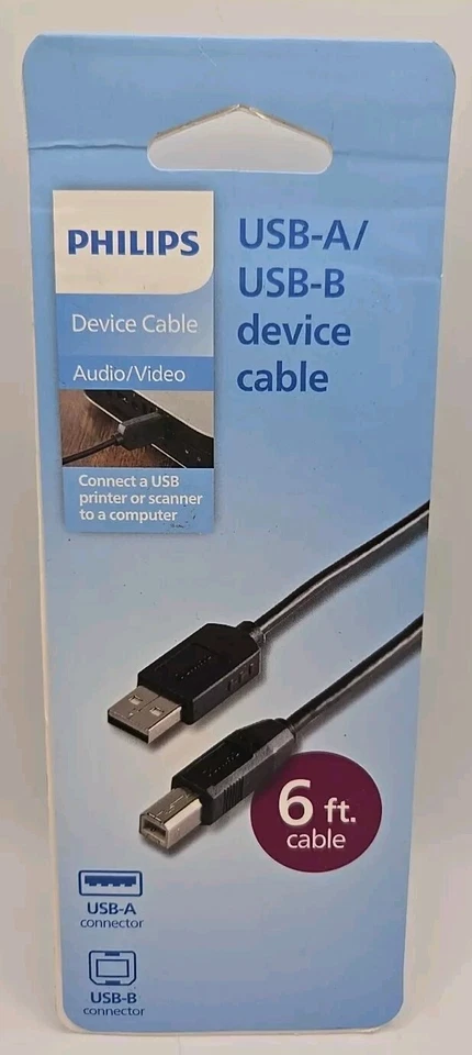 Cable de impresora Philips USB-A/USB-B cable de dispositivo 6 pies conecta la impresora a la computadora Foto 1 de 1