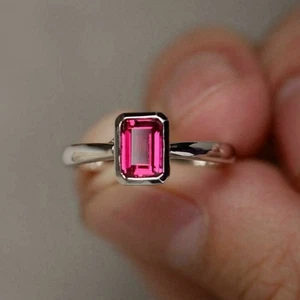 2.60Ct Emerald Cut Pink Diamond Women's Anniversary Ring 14K White Gold Finish - Picture 1 of 7
