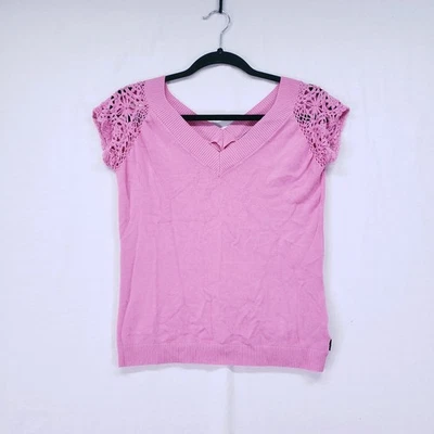 Camiseta BCBGMaxazria Top Niñas L Y2K Rosa Manga Encaje Mezcla Seda Manga Corta Foto 1 de 4