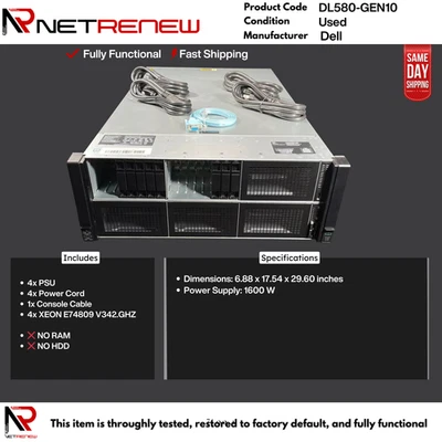 HP ProLiant DL580-GEN10  CTO Server- W/4x CPU, w/4x PSU - Image 1 of 2