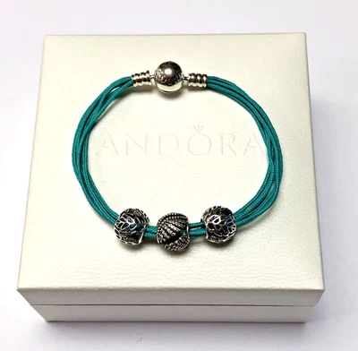 NUEVO RETIRADO Auténtico PANDORA 7.5” Pulsera de Cordón Verde Azulado y (3) Dijes Pandora ¡con Caja! Foto 1 de 4