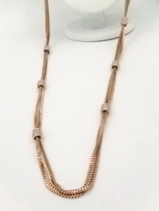 Triple Strand Rose Gold Copper Tone Box Chain Station Pave Rhinestone Necklace - Picture 1 of 5