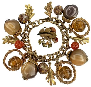 MCM Autumn Fall Leaf Boho Chunky Statement Charm Bracelet & Brooch Pin Set VTG - Picture 1 of 9