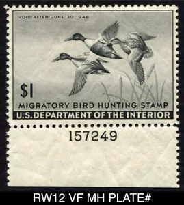 RW12 VF MH PLATE# 1945 Shovelers US Federal Duck Stamp Migratory Waterfowl - Picture 1 of 2