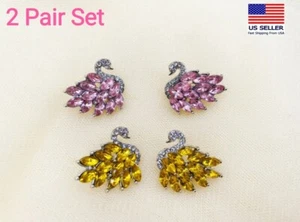 4PC Women 925 Silver Stud Jewelry Earrings Cubic Zirconia Pink Yellow Swan 1929 - Picture 1 of 3