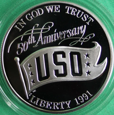 1991 S Proof USO Silver Dollar US Mint Commemorative $1 Coin with Box and COA - Image 1 of 2