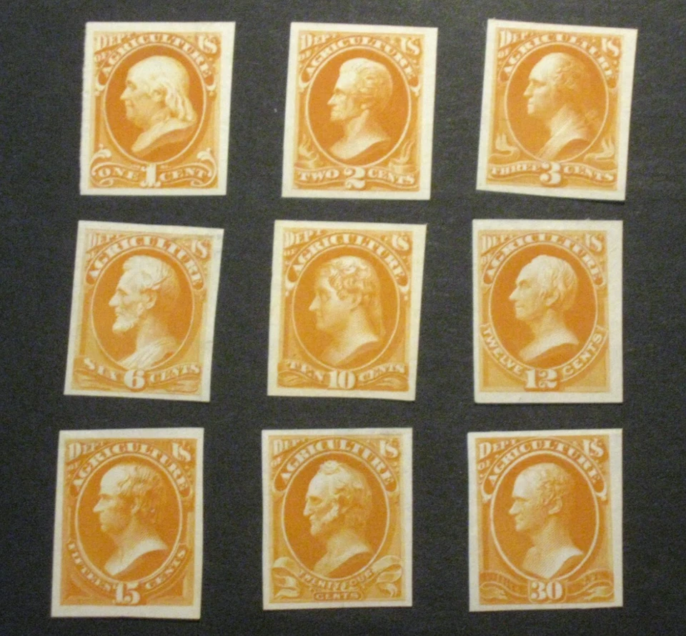 US 1873 OFFICIAL COMPLETE SET STAMPS PLATE PROOFS ON INDIA *AGRICULTURE* - Image 1 of 1