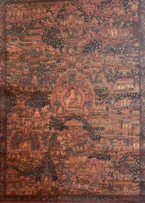 MANDALA VIDA DE BUDA/RUEDA DE LA VIDA ANTIGUA PINTURA THANGKA TIBETANA BARNIZADA AL ÓLEO Foto 1 de 4