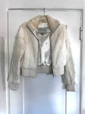 Wilsons Leather Maxima Women’s Collared Zip Up White Rabbit Fur Bomber Jacket S - Image 1 of 4