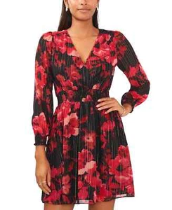 MSK Women's Petite Black Floral Print Smocked-Waist Dress - L - Black - Picture 1 of 4